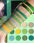 Afflano Green Eyeshadow Palette, Green Glitter Eyeshadow Highly Pigmented, Forest Emerald Christmas Makeup Palettes, Yellow Lime Grass Greenish Makeup Eye Shadow Pallet 15 Color