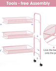 TOOLF 3 Tier Rolling Utility Cart - Durable Metal Design Pink Utility Cart, Storage Trolley on Wheels with 3 Hooks, Perfect for Kitchen, Bathroom & Laundry Room Organization
