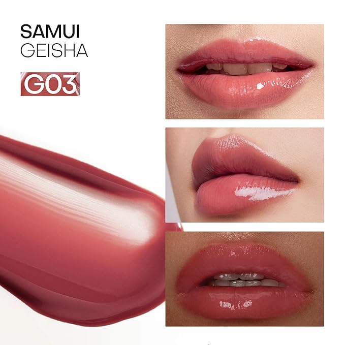 Mistine Lip Gloss Thai latte Long Lasting Lip Glaze Non-sticky Lip Tint Gloss with 1% Peptide Glossy Finish G03 Samui Geisha 0.1oz 1 Count