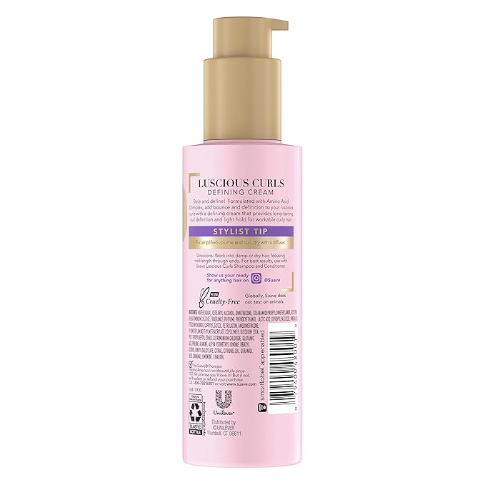 Suave Pink Luscious Curls Styling Cream Hair Cream for Luscious Curls Curl Defining Cream with Amino Acid Complex 4.75 oz