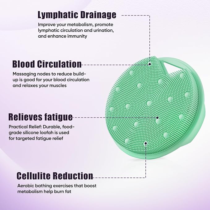 Lymphatic Drainage Silicone Body Scrubber for Shower - Exfoliating Silicone Loofah with Zinc Infused and Stiff Massage Nodes，for Improving Skin Health and Reduces Acne-Green
