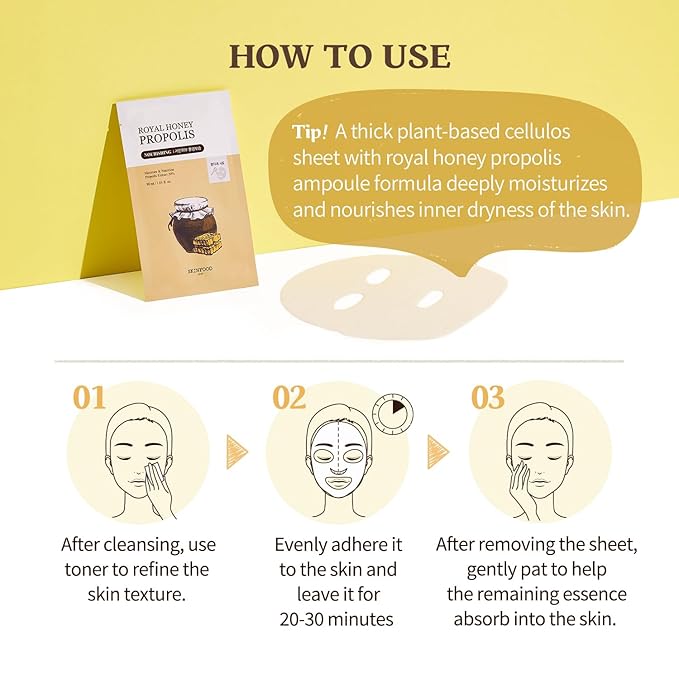 SKINFOOD Royal Honey Mask10ea Set - Bee Propolis Extract, Royal Honey Extract, Intensely nourishes and hydrates tired and dull skin 9.1fl.oz, 270ml