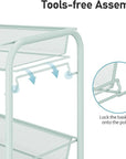 TOOLF 3-Tier Metal Rolling Cart, Mesh Wire Easy Assemble Utility Cart, Storage Trolley on Wheels with 3 Hooks, MetalStorage Shelving Units for Kitchen Bathroom Laundry Room