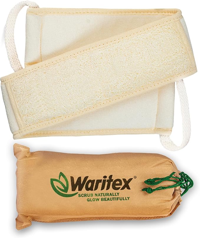 Waritex Natural Egyptian Loofah Back Scrubber for Shower, Extra-Long Exfoliating Strap Made with Natural Egyptian Loofah Fibers, Deep Cleaning Body Sponge for Men and Women – Soft Cotton Handles
