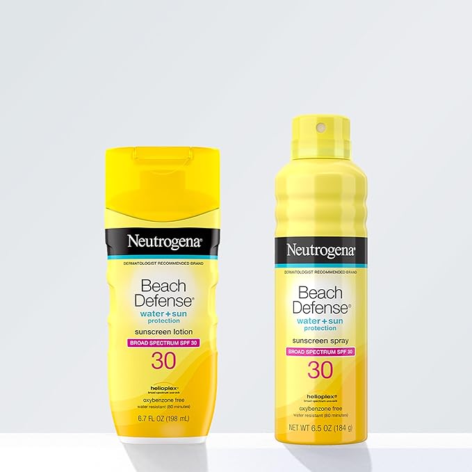 Neutrogena Sunscreen Lotion Beach Defense SPF 30, Face and Body Sunscreen, Hawaii Reef Act 104 Compliant, Octinoxate & Oxybenzone Free, Oil Free, Fast Absorbing Sun Care, 6.7 fl. oz
