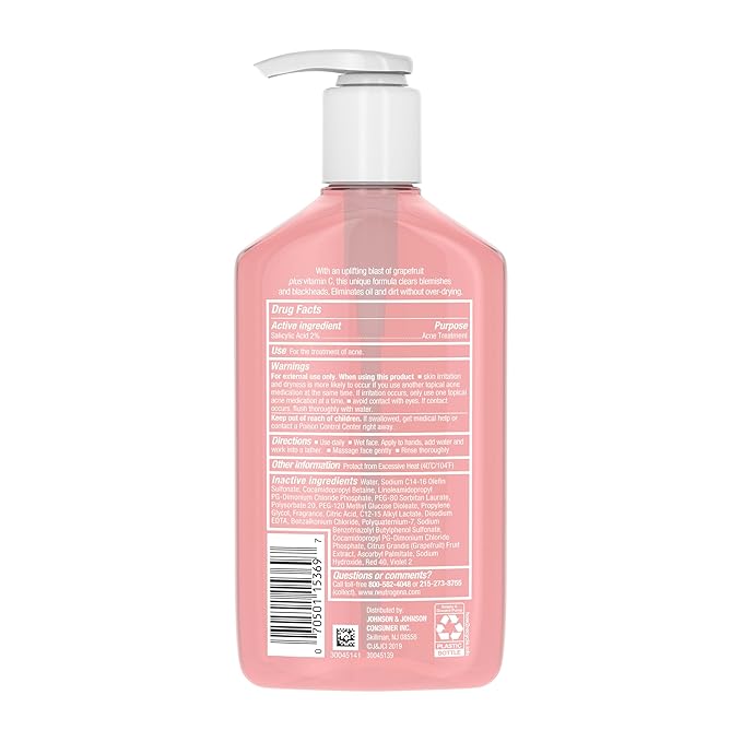 Neutrogena Oil-Free Salicylic Acid Pink Grapefruit Pore Cleansing Acne Wash and Facial Cleanser with Vitamin C, 9.1 fl. oz