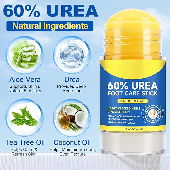 Urea Cream Stick 60% plus Salicylic Acid 2%, Maximum Strength Urea Foot Cream for Dry Cracked Feet, Knees, Elbows, Hands, Exfoliating Dead Skin, Softening Skin Moisturizer (1PC, 40G)