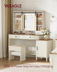 VASAGLE LIRY Collection - Vanity Desk with Mirror and Lights, Farmhouse Makeup Vanity with Stool, Charging Station, 2 Drawers, Jewelry Storage, for Bedroom, Rustic White and Honey Brown URDT135W01S