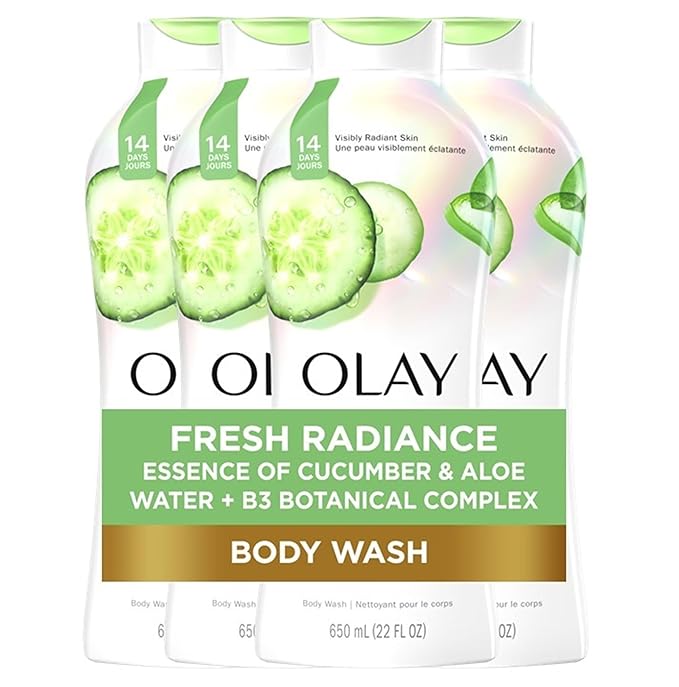 Olay Body Wash for Women, Fresh Radiance, Refreshing & Renewing, Made with Plant Based Cleansers, B3 Botanical Complex, For All Skin Types, Cucumber & Aloe Water Scent, 22 fl oz (Pack of 4)