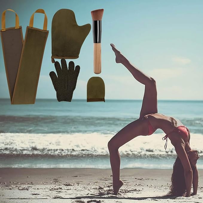 5-Piece Self Tanning Mitt Set with Tan Applicator Mitts, Face Mitt, Exfoliating Glove, for Bronze Tan