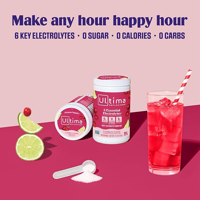 Ultima Replenisher Mocktini Electrolyte Drink Mix – Cranberry Cosmo, 90 Servings – Hydration Powder with 6 Electrolytes & Trace Minerals – Keto Friendly, Non-GMO & Sugar-Free Electrolyte Powder