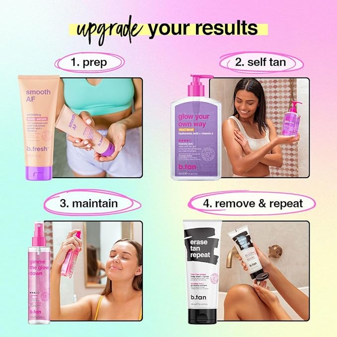 b.tan Clear Self Tanning Gel & Exfoliating Kit | Next Level + Erase Tan Repeat Bundle - 1 Hour Express, Transfer-Resistant Ultra Dark Fake Tanner, 2-in-1 Exfoliator Scrub & Body Wash with Mitt