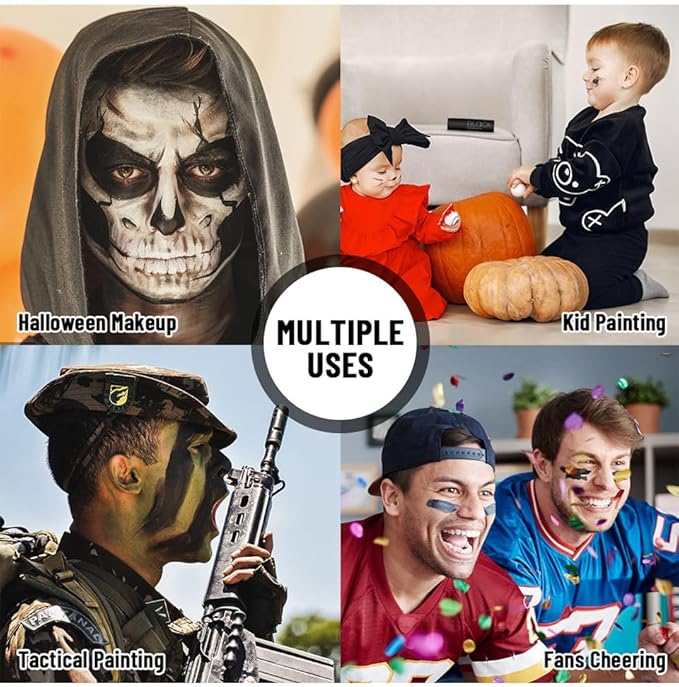 MEICOLY 3PCS Black White and Green Face Body Paint Stick,Face Paint Stick for Halloween SFX Cosplay Clown Skeleton Witch Makeup,Elphaba Face Paint,Waterproof Eye Black Baseball Softball Football