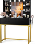 YESHOMY Vanity Desk with Mirror, Makeup Table with 2 Large Drawers, Power Outlet and Round Holder, 3 Color Modes Adjustable Bulb, Black