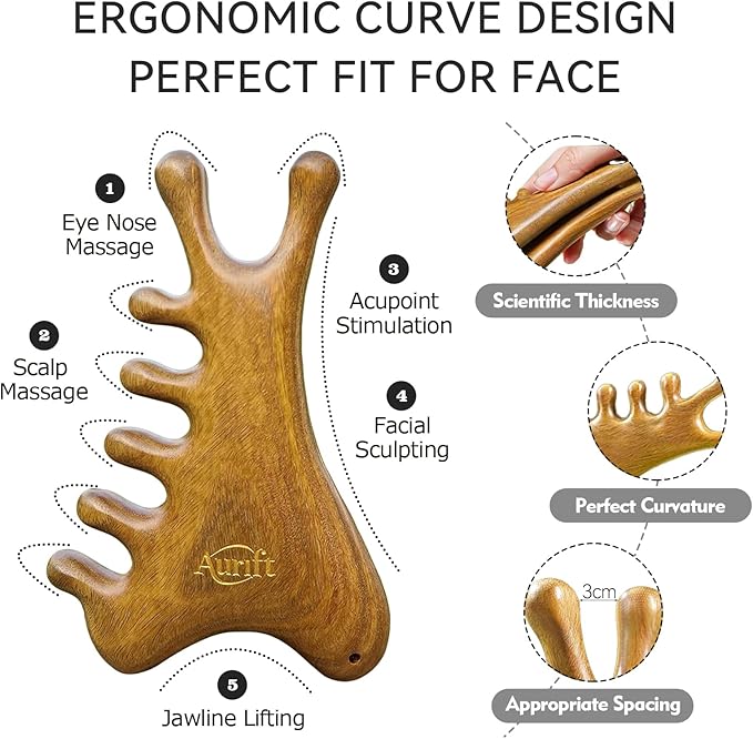 Gua Sha Tool for Face & Body – 4 in 1 Natural Green Sandalwood,Lymphatic Drainage,Jaw Lifting & Nose Sculpting, Head Massage Comb for Stress Relief,Home Office Self Care,Gifts for Mom Girl Friend