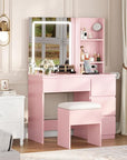Garvee Makeup Vanity Desk with Lighted Mirror, Dressing Table Set with 4 Drawers, Power Outlet, Storage Stool, Storage Shelves, Vanity Mirror 3 Lighting Color Adjustable, Vanity Set for Bedroom, Pink