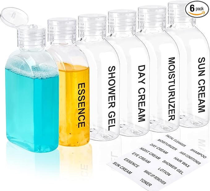 TUZAZO 6 Pack Travel Bottles for Toiletries 3.4oz/100ml Travel Size Containers TSA Approved, Clear Plastic Lotion Bottle Refillable Squeeze Bottles with Flip Cap for Shampoo, Conditioner & Lotion