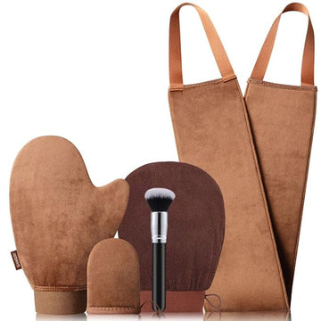 5-Piece Self Tanning Mitt Kit with Self Tanner Back Applicator, Self Tanning Brush, Exfoliating Mitt & Accessories for Flawless Tan
