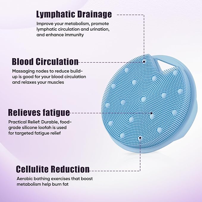 Lymphatic Drainage Silicone Body Scrubber for Shower - Exfoliating Silicone Loofah with Zinc Infused and Stiff Massage Nodes，for Improving Skin Health and Reduces Acne -Azure