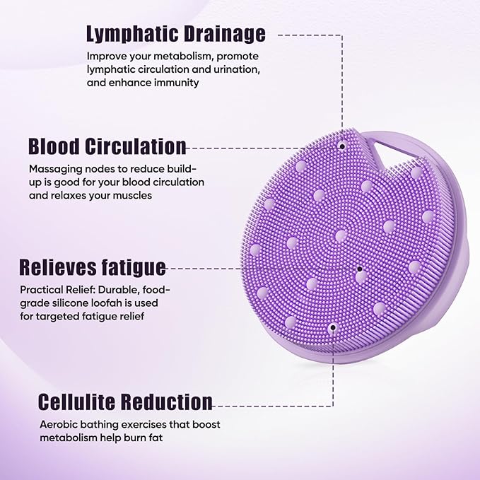 Lymphatic Drainage Silicone Body Scrubber for Shower - Exfoliating Silicone Loofah with Zinc Infused and Stiff Massage Nodes，for Improving Skin Health and Reduces Acne -Purple