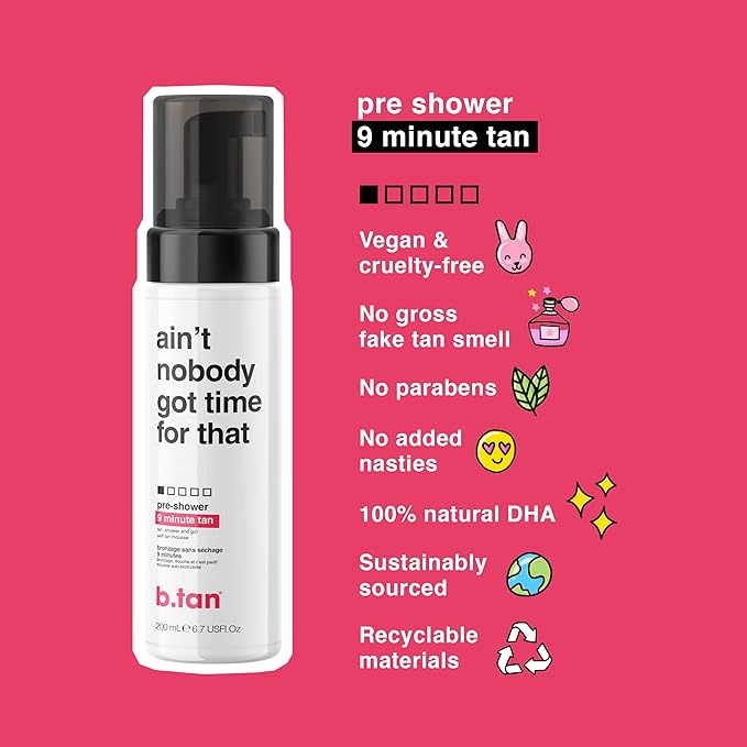 B.TAN Pre-Shower Self Tanner Mousse, 9 min, 1 Hour, Vegan, Cruelty Free, 6.7 Fl Oz