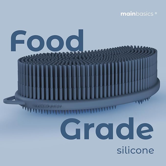 MainBasics Silicone Body Scrubber – Dual-Sided Shower Exfoliator for Men & Women, Gentle Silicone Loofah Alternative for Deep Clean (Dark Blue, Exfoliate)