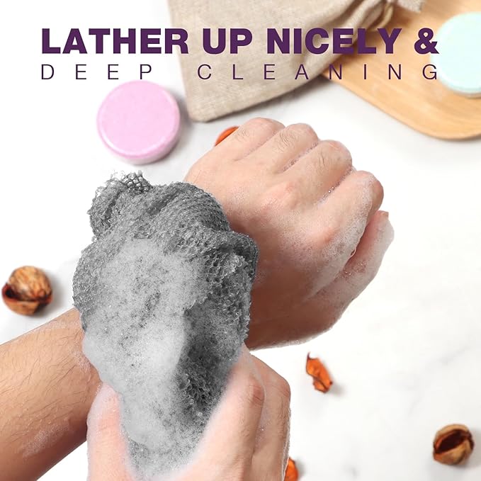 3-Piece Exfoliating Washcloth Set - African Net Sponge, Japanese Wash Cloth, Face & Body Exfoliator (Black, White, Grey)