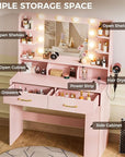 COMHOMA Vanity Desk with Lighted Mirror and Power Outlet, RGB LED Lights Makeup Vanity Set for Girls, Large Storage Capacity Dressing Table for Bedroom, 3 Lighting Modes Adjustable Brightness, Pink