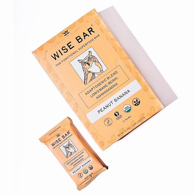 Wise Bar Adaptogen Mushroom Nutrition Bars | Peanut Butter Banana Flavor | 12 Count | Functional Mushrooms and Adaptogens Bar | Organic Nutrition Energy Bars, Vegan, Gluten Free