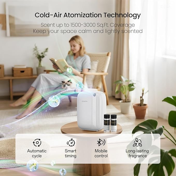 Waterless Essential Oil Diffuser,(Two 50ml Fragrances Included) 2000 Sq.Ft Coverage 400ml Capacity Hotel Scent Diffuser,Cold Air Tech, App & Button Control,Scent Diffusers for Home Large Room (White)