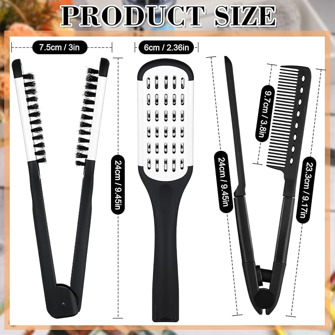 Chengu 2 Pcs Boar Bristle Brushes - Double Sided Clamp Brush and Flat Iron Comb for Straightening Knotty, Unkempt Hair (Black White, Black)