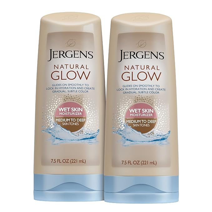 Jergens Natural Glow In Shower Lotion, Self Tanner for Medium to Deep Skin Tone, Sunless Tanning Wet Skin Lotion for Gradual, Flawless Color, 7.5 Ounce, Pack of 2