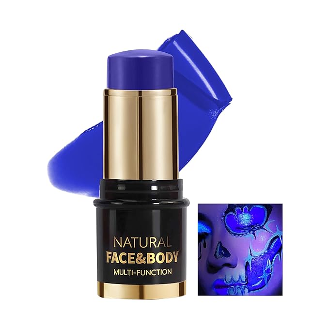 UV Neon Dark Blue Face Body Paint Stick, Colored Professional Full-Coverage Oil-Based Eye Black Stick for Halloween Cosplay Christmas, Facepaint Foundation Makeup Glow in the Dark Party Supplies-07