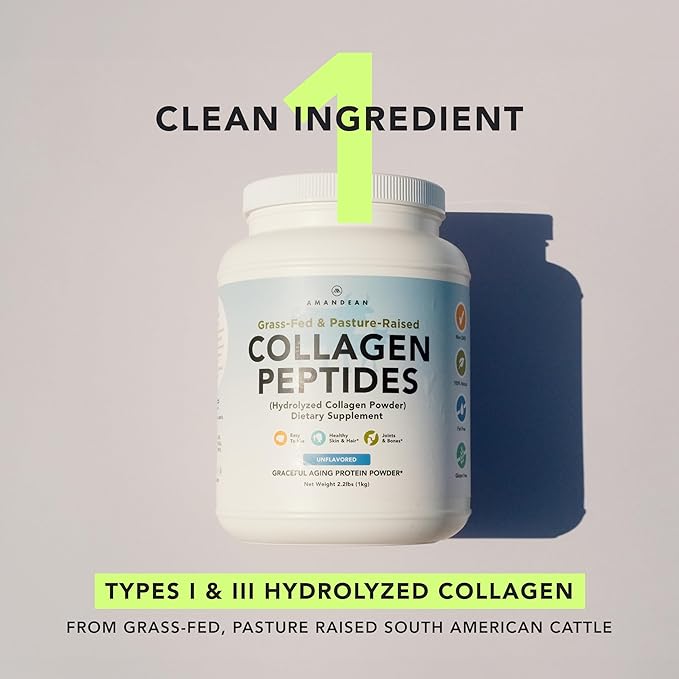 AMANDEAN Collagen Peptides Powder 1kg. Grass-Fed, Enzymatically Hydrolyzed, Type 1 & 3. Agglomerated, Easy to Mix, Unflavored, Non-GMO. Protein with 18 Amino Acids for Healthy Skin, Hair, Nails.