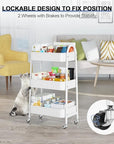 EAGMAK 3 Tier Utility Rolling Cart, Metal Storage Cart with Handle and Lockable Wheels, Multifunctional Storage Organizer Trolley with Mesh Baskets for Kitchen, Living Room, Office, Garage (White)