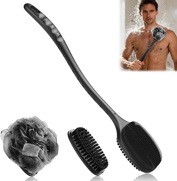 VWMYQ Back Scrubber for Shower, New Update Double Sided Body Scrub Brush Long Handle with Soft Silicone Bristles and Stiff Nylon Bristles for Shower Exfoliating and Massage Can Produce More Rich Foam