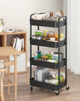 Sywhitta 4-Tier Plastic Rolling Utility Cart with Handle, Multi-Functional Storage Trolley for Office, Living Room, Kitchen, Movable Storage Organizer with Wheels, Black