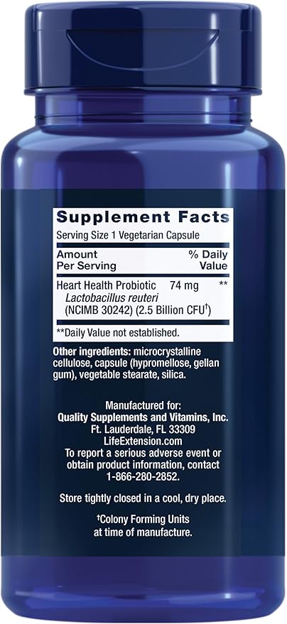 Life Extension FLORASSIST® Probiotic Heart Health, Lactobacillus reuteri 30242, Promotes Heart Health and Already Healthy Cholesterol Levels, Gluten-Free, Non-GMO, Vegetarian, 60 Capsules