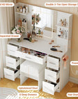 Vanity Desk with Mirror, Stool, Touch LED Light and Power Outlet Makeup Vanity Table with 7 Drawers and 6 Storage Shelves Dressing Table for Bedroom Dressing Room