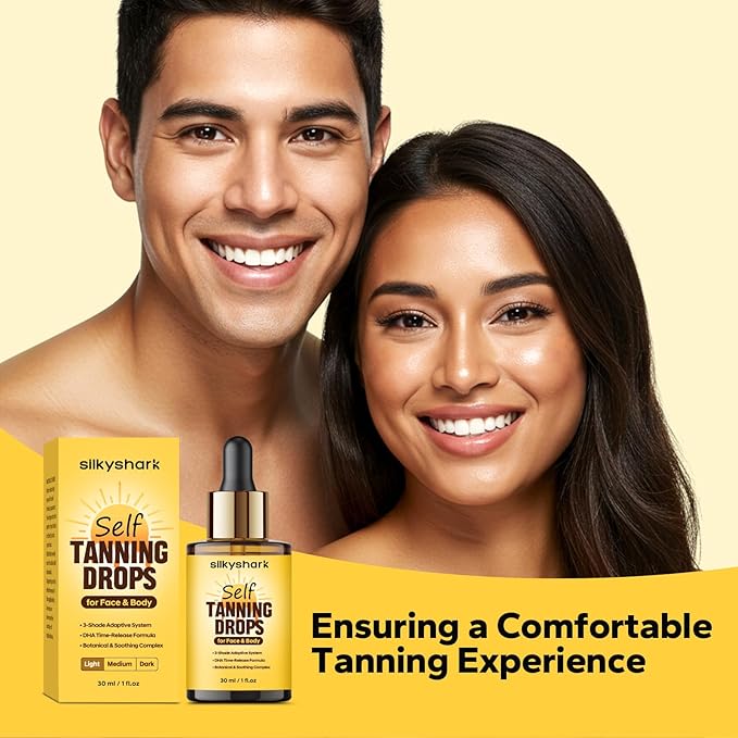Facial Self Tanning Drops (1 Fl Oz), Tanning Drops for Face & Body, Gradual Bronzing Effect, Lightweight Tanner for Sensitive Skin, Natural Sun-Kissed Glow, Dark Shade