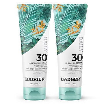Badger Mineral Daily Sunscreen with Zinc Oxide, SPF 30, Lightweight & Easy to Apply w/No White Cast, Moisturizing Organic Sunscreen, Reef Safe, Vegan, Unscented, 4 fl oz, 2-Pack