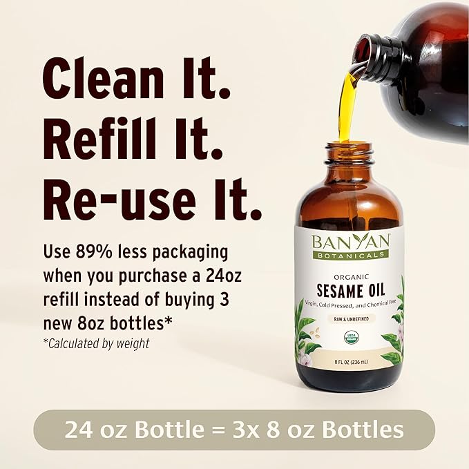 Banyan Botanicals Sesame Oil – Organic & Unrefined Sesame Oil for Skin, Body, Hair & More – Multiple Sizes – 8 oz – Non GMO Sustainably Sourced Vegan