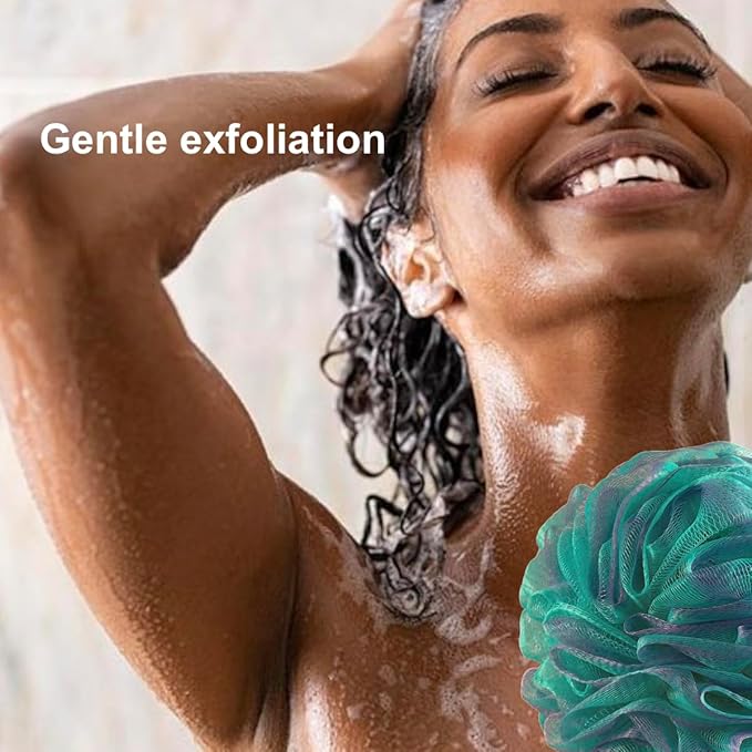 SHOWER BOUQUET 2-Sided-Loofah-Back-Scrubber & Bath-Sponge Set // 1-Long-Handle-Back-Brush Plus 2-Extra-Large 75g Soft Mesh Poufs, Men & Women - Exfoliate with Full Pure Cleanse in Bathing Accessories
