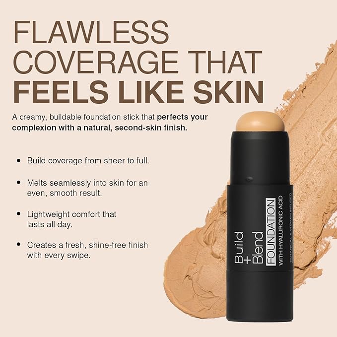 Palladio BUILD & BLEND Foundation Stick, Medium Coverage Buildable Contour Stick for Face, Ultra Blendable Creamy Formula for a Natural Shine Free Finish, (Warm Caramel)
