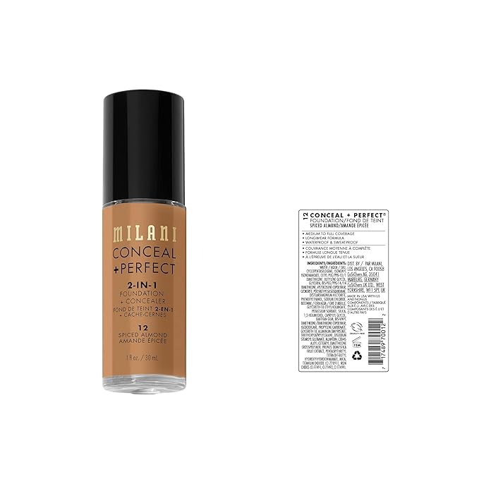 Milani Conceal + Perfect 2-in-1 Foundation + Concealer for a Flawless Complexion, Under Eye Corrector, Cover Redness and Imperfections, Waterproof and Sweatproof - Spiced Almond
