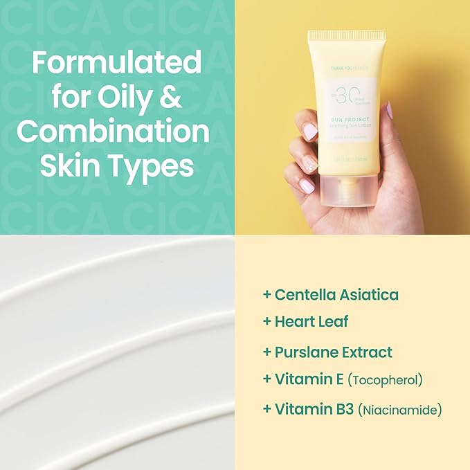THANKYOU FARMER Sun Project Soothing Sun Lotion SPF 30 - Korean Sunscreen with Centella Asiatica - Dermatologist Tested, Broad Spectrum, Hydrating, Lightweight, No White Cast - 1.69 fl oz