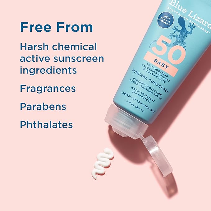 BLUE LIZARD Baby Mineral Sunscreen with Zinc Oxide, SPF 50+, Water Resistant, UVA/UVB Protection with Smart Cap Technology - Fragrance Free, 3 Ounce Tube