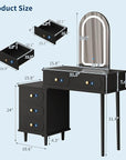 Garvee Makeup Vanity Desk with Mirror and Lights, Modern Black Vanity Table with 2 Drawers & Adjustable 3-Drawer Cabinet, Wood Dressing Table for Bedroom