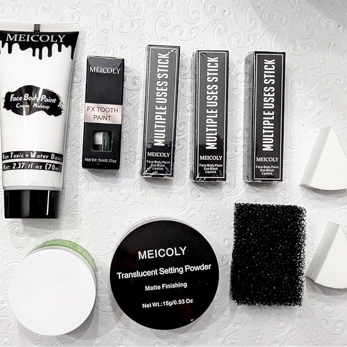 MEICOLY Disgust Specter Makeup Kit,White Face Paint,Green Hair Dye,Setting Powder,Green Tooth Paint,Complete Halloween Zombie Makeup Kit,SFX Character Set for Performance Stage Special Effect Costume