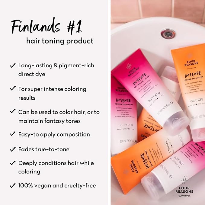 FOUR REASONS Color Mask INTENSE- Ruby Red, 6.76 fl oz - Semi Permanent Hair Dye for Lightened and Colored Hair, 100% Vegan Conditioner - Intensive Toning Treatment with 27 Colors - Cruelty Free